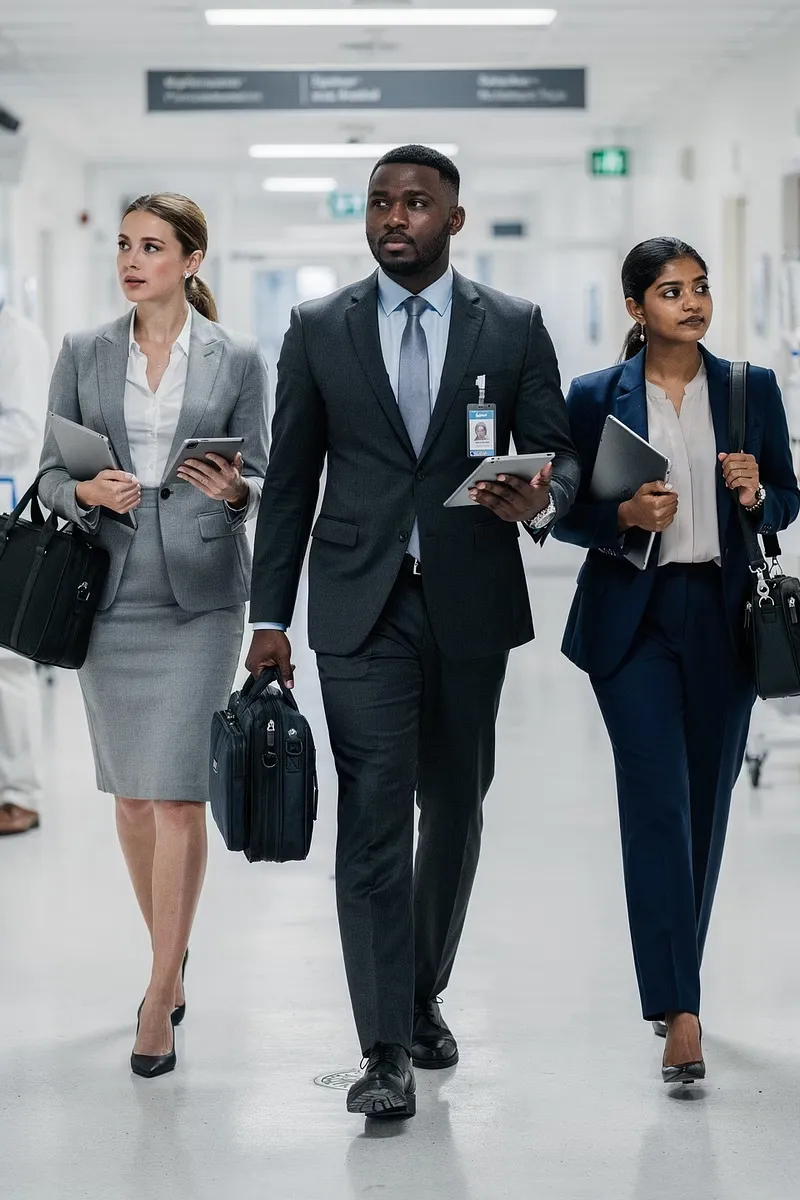 Advisory team walking through a hospital corridor
